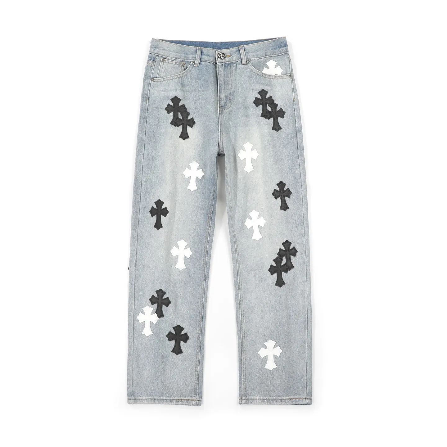 P240 Chromehearts washed blue leather jeans, ceiling-level jeans, a pair is hard to find at the counter‼ ️About Zangyin✅This is an extremely luxurious fashion brand that can also be called the aristocracy of the high street. It has always been an exclusive brand for some hipsters or rich second generations. The color of this model is already very eye-catching by using a unique washed material. It is decorated with pink patch cross flowers, which cleverly highlights the charm of the brand. Secondly, this model adopts a classic high-waist cut design, which highlights the long legs and fashionable temperament of the upper body. The brand is highly recognizable and the slim-fitting configuration is more suitable for daily wear. The personality will be fashionable and the specifications can be seen at a glance. Materials and technology ✅ Needless to say, this point goes without saying. As an excellent craftsman brand, Zangyin's requirements for details and craftsmanship are really perfect. The washed color of this model has gone through a lot of processes, not to mention the embellishment of the denim appliqués. It is also purely handmade and sewn. Just like what they believe in, only handmade things have soul and have the meaning of wearing. A top-notch heavy-duty fashionable denim item, recommended by both hands‼ ️ Size: 28/30/32/34/36 Waist: 69/74/79/84/89 Pants length: 102/103/104/105/106